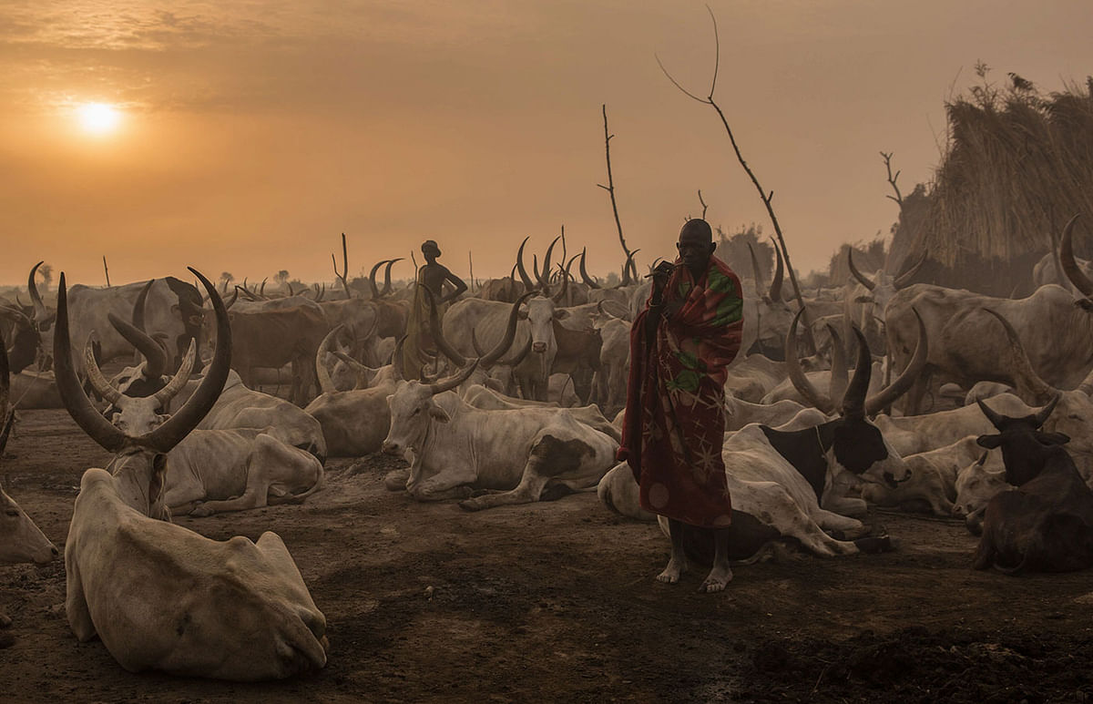 A Sudanese man from Dinka tribe stands in the early morning at their cattle camp in Mingkaman, Lakes State, South Sudan, on 3 March 2018. During South Sudan’s dry season between December and May, pastoralists from the highlands move to the lowlands and close to the Nile, where they set up big cattle camps to make sure their animals are close to grazing land. Photo: AFP