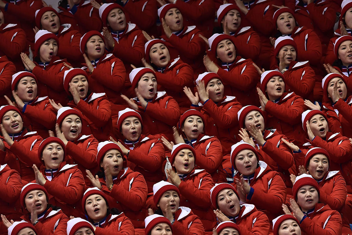 North Korean cheerleaders attend the pair skating free skating of the figure skating event during the Pyeongchang 2018 Winter Olympic Games at the Gangneung Ice Arena in Gangneung on 15 February 2018. Photo: AFP