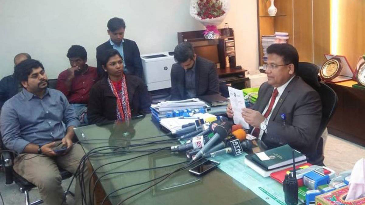 Election commission secretary Helal Uddin Ahmed talks to newsmen at his office. Photo: UNB