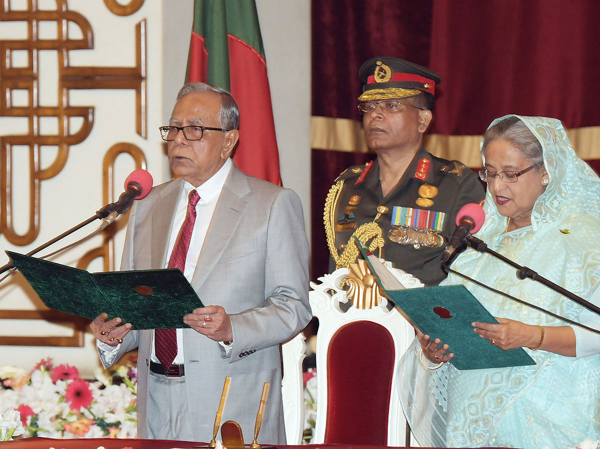 Sheikh Hasina takes oath as prime minister for 4th term on 7 January. Photo: PID