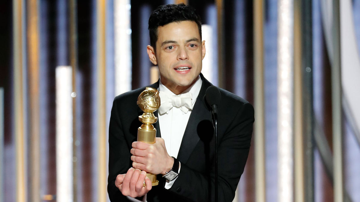 his image released by NBC shows Rami Malek accepting the award for best actor in a motion picture drama for his role as Freddie Mercury in a scene from `Bohemian Rhapsody` during the 76th Annual Golden Globe Awards . Photo: AP