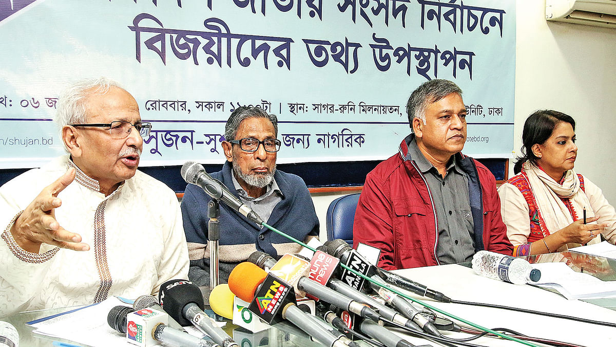 Shujon secretary Badiul Alam Majumder talks to the media at a press conference on Sunday. Photo: Prothom Alo