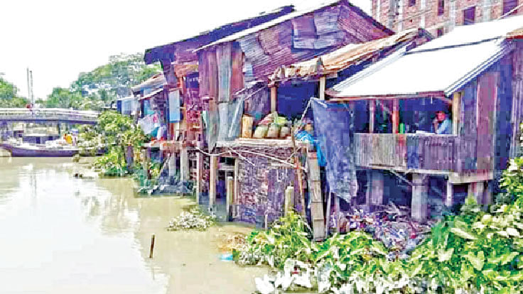 Barguna town’s lifeline Bharani canal is dying due to unabated encroachment and pollution. Photo: Prothom Alo
