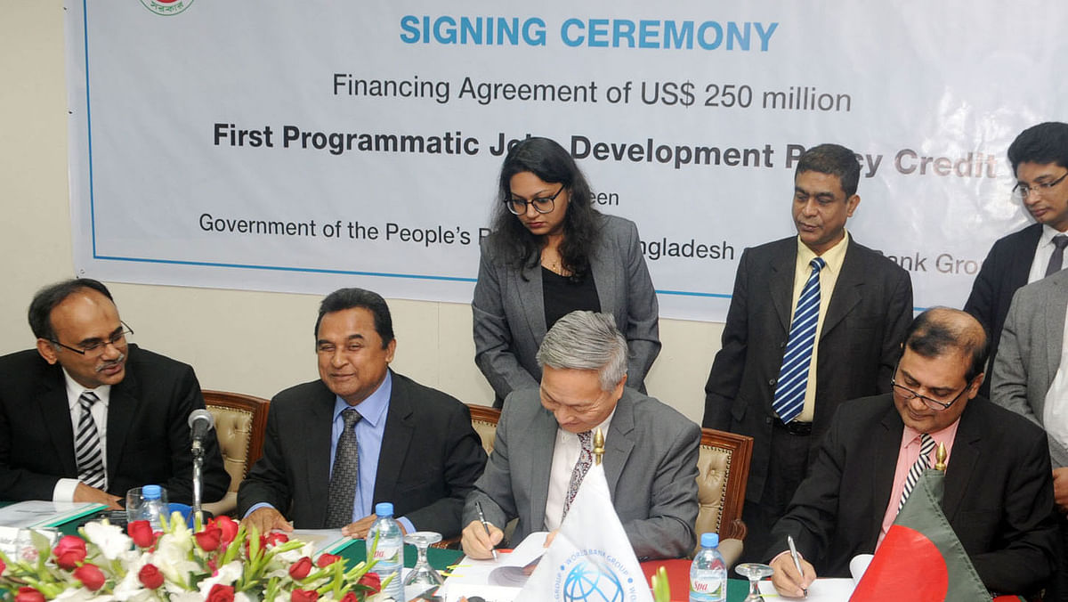 A $250 million financing agreement for `First Programmatic Jobs Development Policy Credit` was signed between the World Bank and the Economic Relations Division (ERD) of the finance ministry at Pan Pacific Sonargaon hotel in Dhaka on Wednesday. Photo: PID