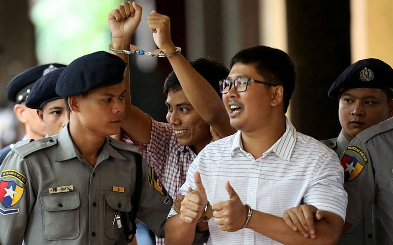 Detained Reuters journalist Wa Lone and Kyaw Soe Oo arrive at Insein court in Yangon, Myanmar 27 August, 2018. Photo: Reuters  Myanmar rejects appeal by jailed Reuters reporters
