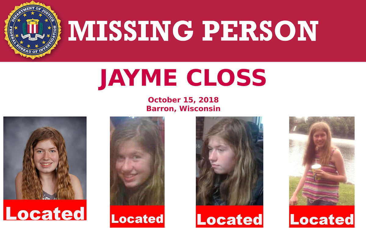 A US Federal Bureau of Investigation (FBI) missing person poster shows Jayme Closs, a 13-year-old Wisconsin girl, missing since her parents were discovered fatally shot three months ago, has been located in Gordon, Wisconsin, US as seen in this poster provided on 11 January. Photo: Reuters