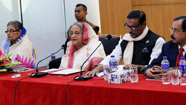 Prime minister Sheikh Hasina addresses a joint meeting of Awami League Advisory Council and Central Working Committee at the party’s Bangabandhu Avenue central office on Saturday, 12 Jan, 2019. Photo: PID