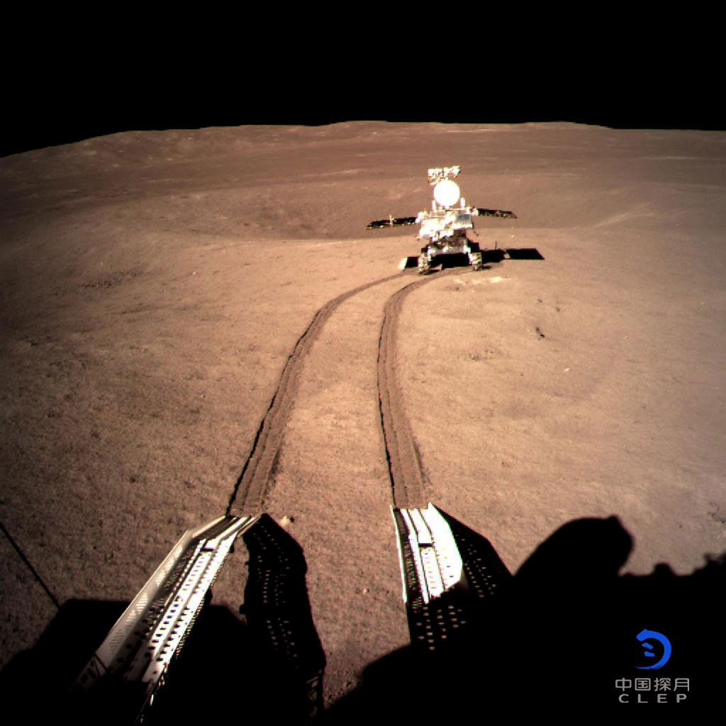 China`s lunar rover Yutu-2, or Jade Rabbit 2 rolling onto the far side of the moon taken by the Chang`e-4 lunar probe is seen in this image provided by China National Space Administration 4 January 2019. Photo: Reuters