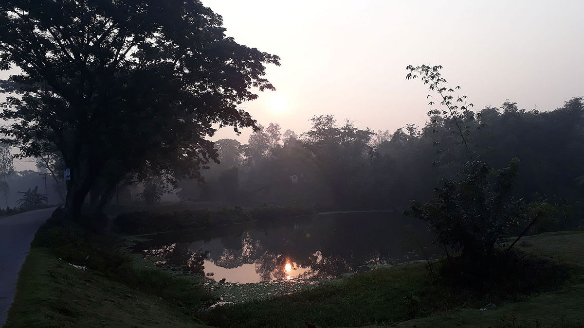 The rising sun is reflected in pond water in a winter morning in Ranatitha, Raiganj, Sirajganj on 11 January. Photo: Sajedul Alam