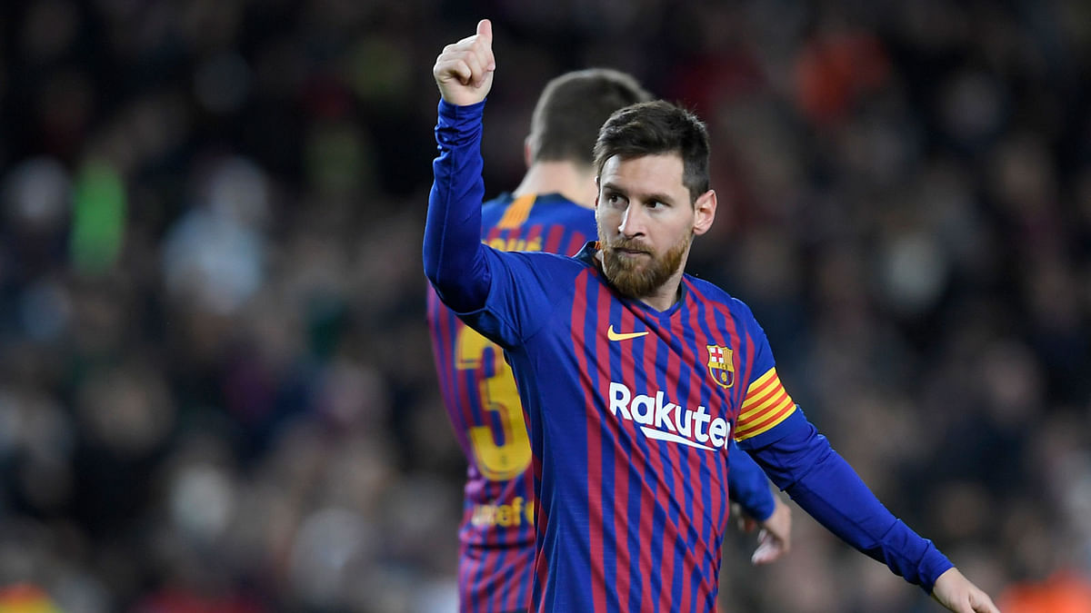 Barcelona`s Argentinian forward Lionel Messi celebrates his goal during the Spanish League football match between FC Barcelona and SD Eibar at the Camp Nou stadium in Barcelona on 13 January 2019. Photo: AFP
