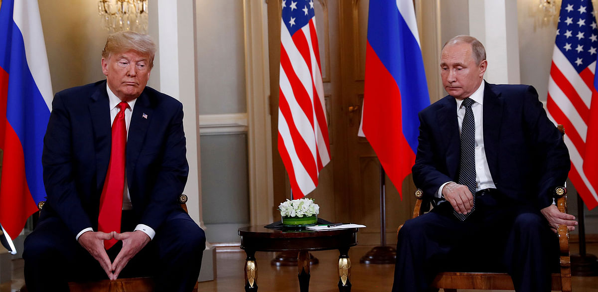 US president Donald Trump meets with Russian president Vladimir Putin in Helsinki, Finland, on 16 July 2018. Reuters File Photo
