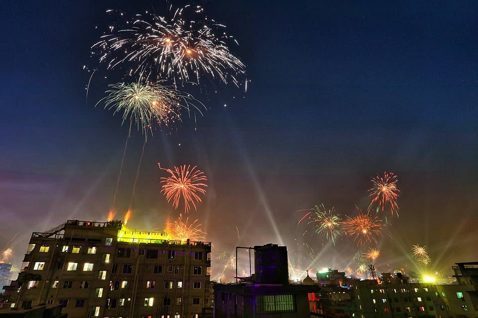 Fireworks at Bangla Bazar in Old Dhaka to celebrate Poush Shankranti, also known as Shakrain, on 14 January. Photo: Dipu Malakar