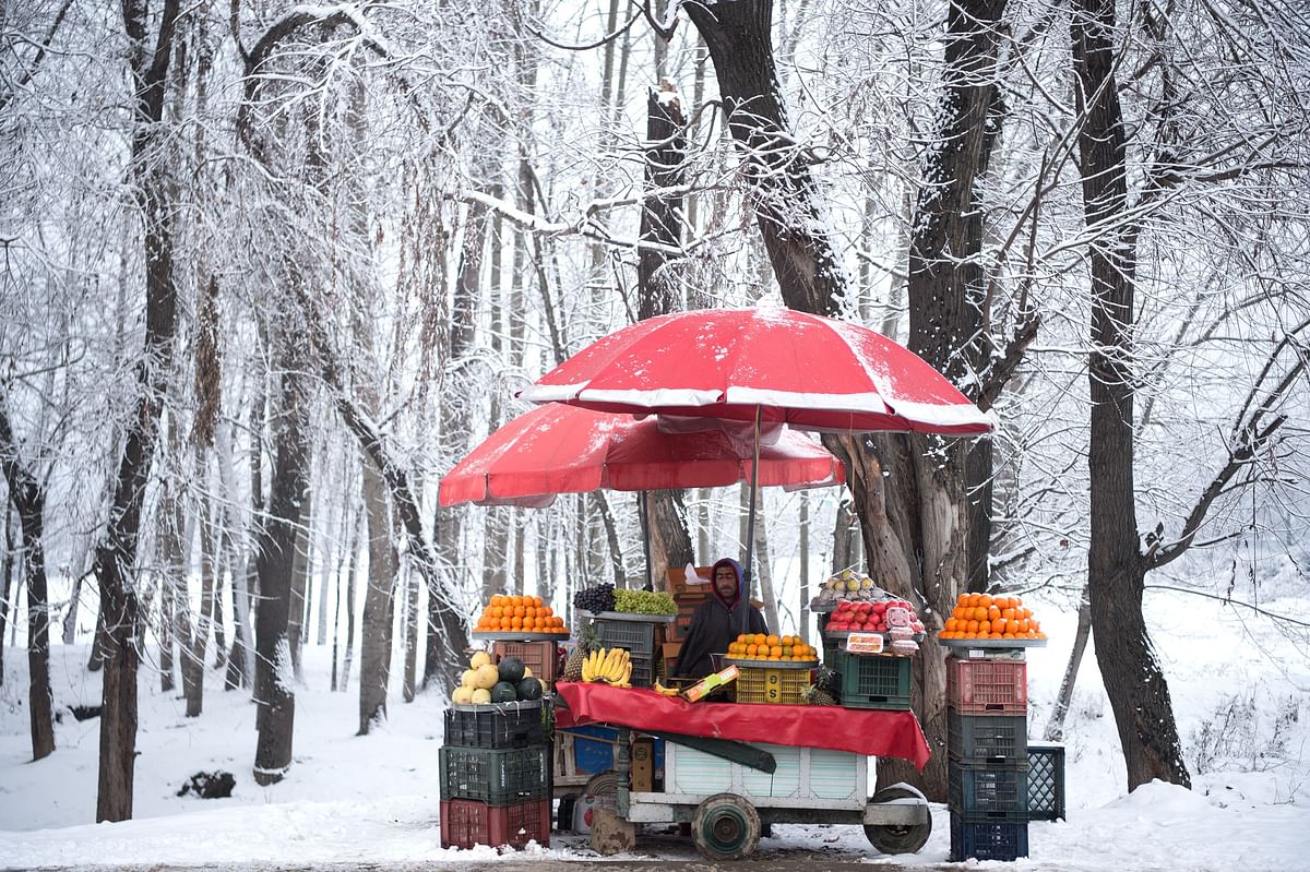 A Kashmiri fruit vendor waits for customers during a snowfall on the outskirts of Srinagar on 16 January 2019. Jammu and Kashmir, India. Photo: AFP