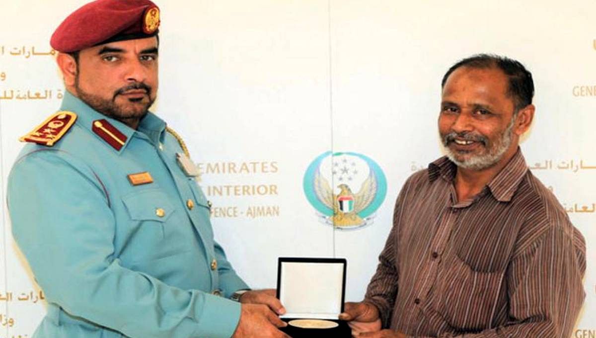 Bangladesh national Farouk Islam Nour Al Haq, 57, a welder by profession, has been awarded by Ajman Civil Defence on Tuesday. Photo: UNB