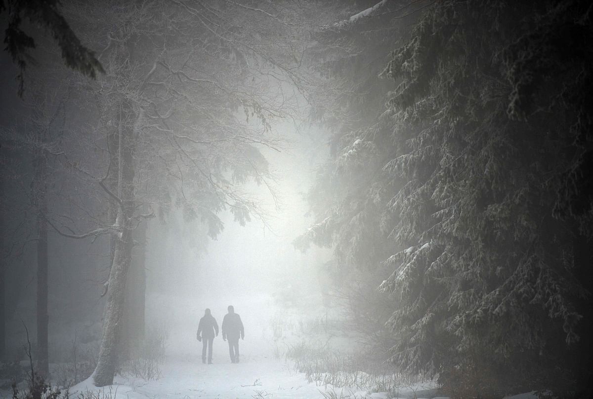 A picture taken on 16 January 2019 shows a couple walking though a snow-covered forest in Brotterode, Germany. Photo: AFP