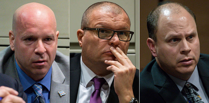 This combination of 28 November 2018 file photos shows former Chicago Police officer Joseph Walsh, left, former detective David March and former officer Thomas Gaffney, accused of trying to cover up the fatal shooting of Laquan McDonald, during a bench trial before Judge Domenica A. Stephenson at Leighton Criminal Court Building in Chicago. Photo: AP