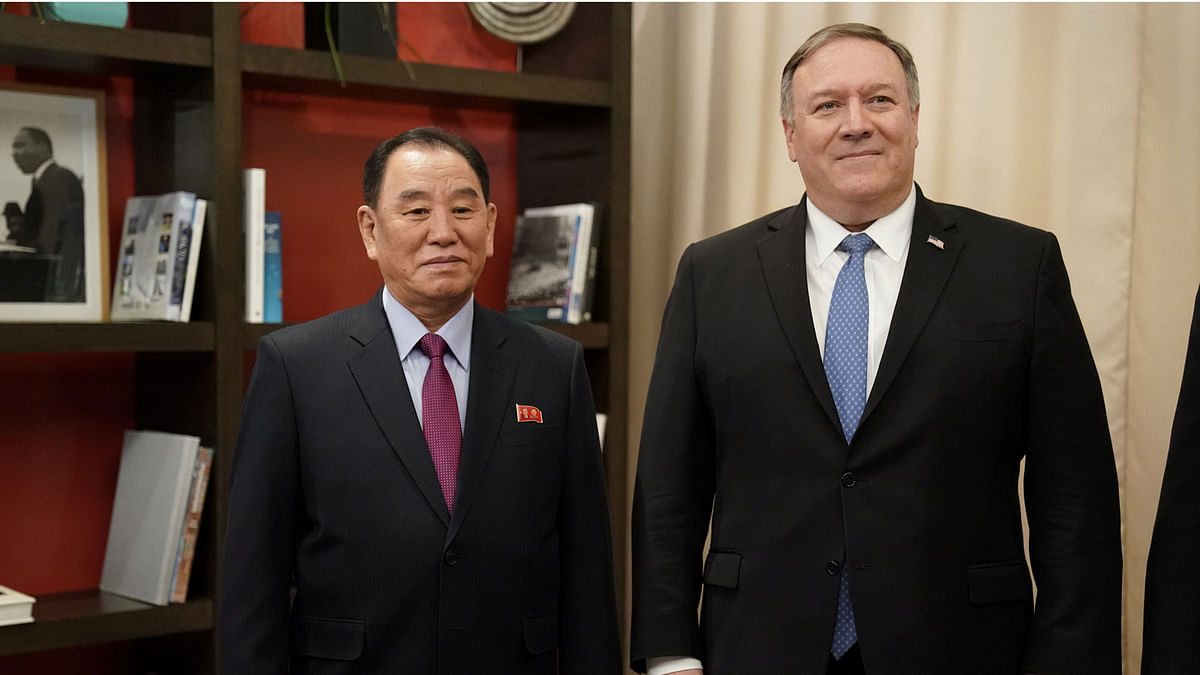 US Secretary of State Mike Pompeo poses with Vice Chairman of the North Korean Workers` Party Committee Kim Yong Chol, North Korea`s lead negotiator in nuclear diplomacy with the United States, for talks aimed at clearing the way for a second US-North Korea summit as they meet at a hotel in Washington, US, on 18 January 2019. Photo: Reuters