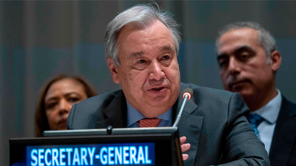 United Nations Secretary General Antonio Guterres addresses the United Nations Group of 77 and China on 15 January 2019 at the United Nations in New York. The event marked the state of Palestine taking over the chair of the G77 and China. Photo: AFP