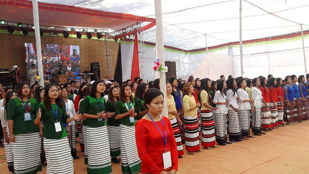 The people of Ruma Bom community dance at Ruma Government girls` High School, Bandarban on 19 January to celbrate hundred years of the arrival of the Christian gospel among them. Photo: Prothom Alo