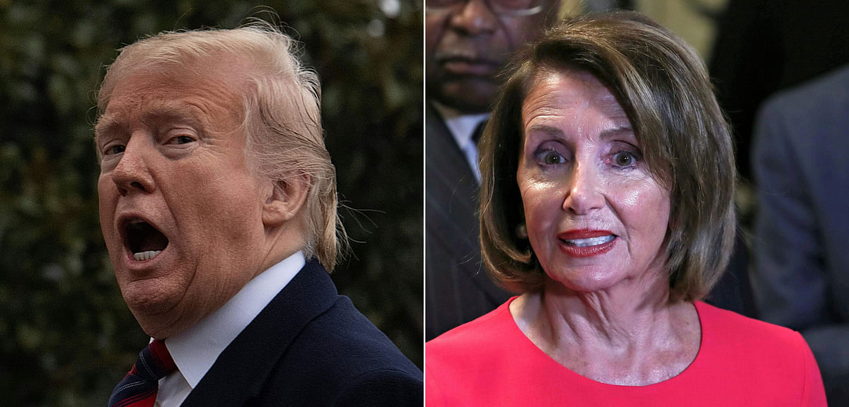 This combination of file pictures created on 20 January, 2019 shows US president Donald Trump as he arrives at the White House in Washington, DC, on 19 January, 2019,and Speaker of the House Nancy Pelosi (D-NY) outside the House Chamber on Capitol Hill in Washington, DC on 3 January 2019