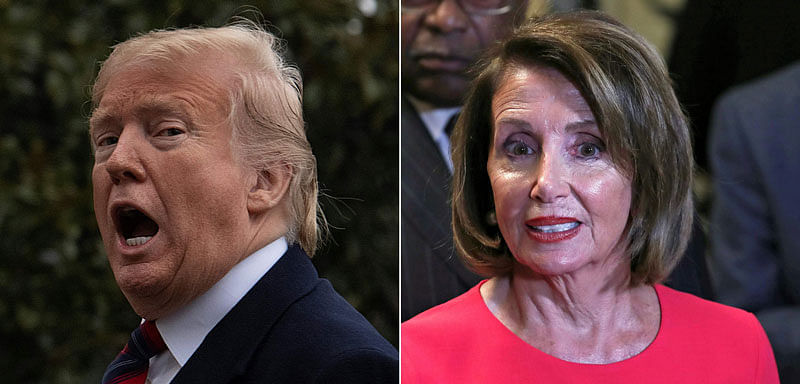 This combination of file pictures created on 20 January 2019 shows US President Donald Trump as he arrives at the White House in Washington, DC, on 19 January 2019, and Speaker of the House Nancy Pelosi (D-NY) outside the House Chamber on Capitol Hill in Washington, DC on 3 January 2019. Photo: AFP