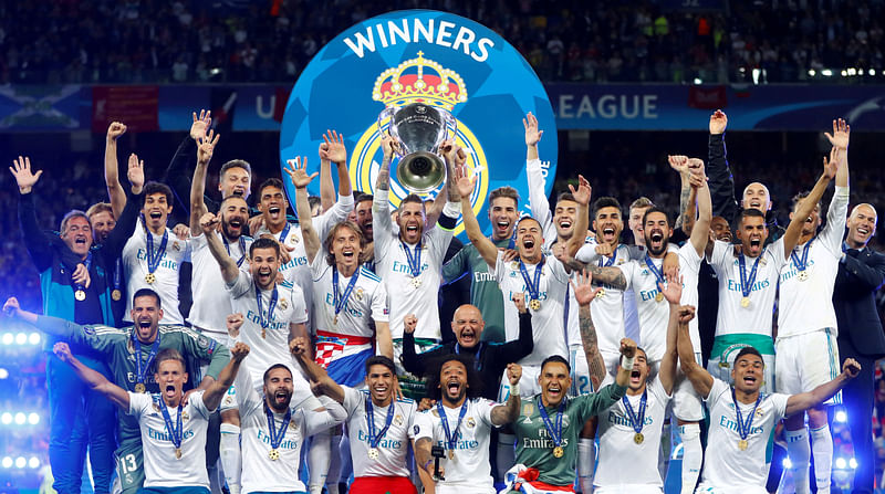 Real Madrid celebrate winning the Champions League with the trophy at NSC Olympic Stadium, Kiev, Ukraine on 26 May 2018. Reuters File Photo