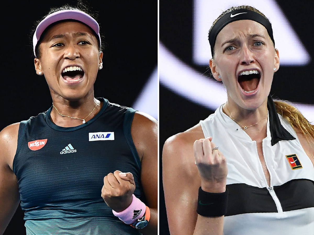 This combination of pictures created on 25 January 2019 shows Japan`s Naomi Osaka (L) reacting after a point against Czech Republic`s Karolina Pliskova during their women`s singles semi-final match on day 11 of the Australian Open tennis tournament in Melbourne on 24 January 2019, and the Czech Republic`s Petra Kvitova (R) celebrating her victory against Australia`s Ashleigh Barty during their women`s singles quarter-final match on day nine of the Australian Open tennis tournament in Melbourne on 22 January 2019. Photo: AFP