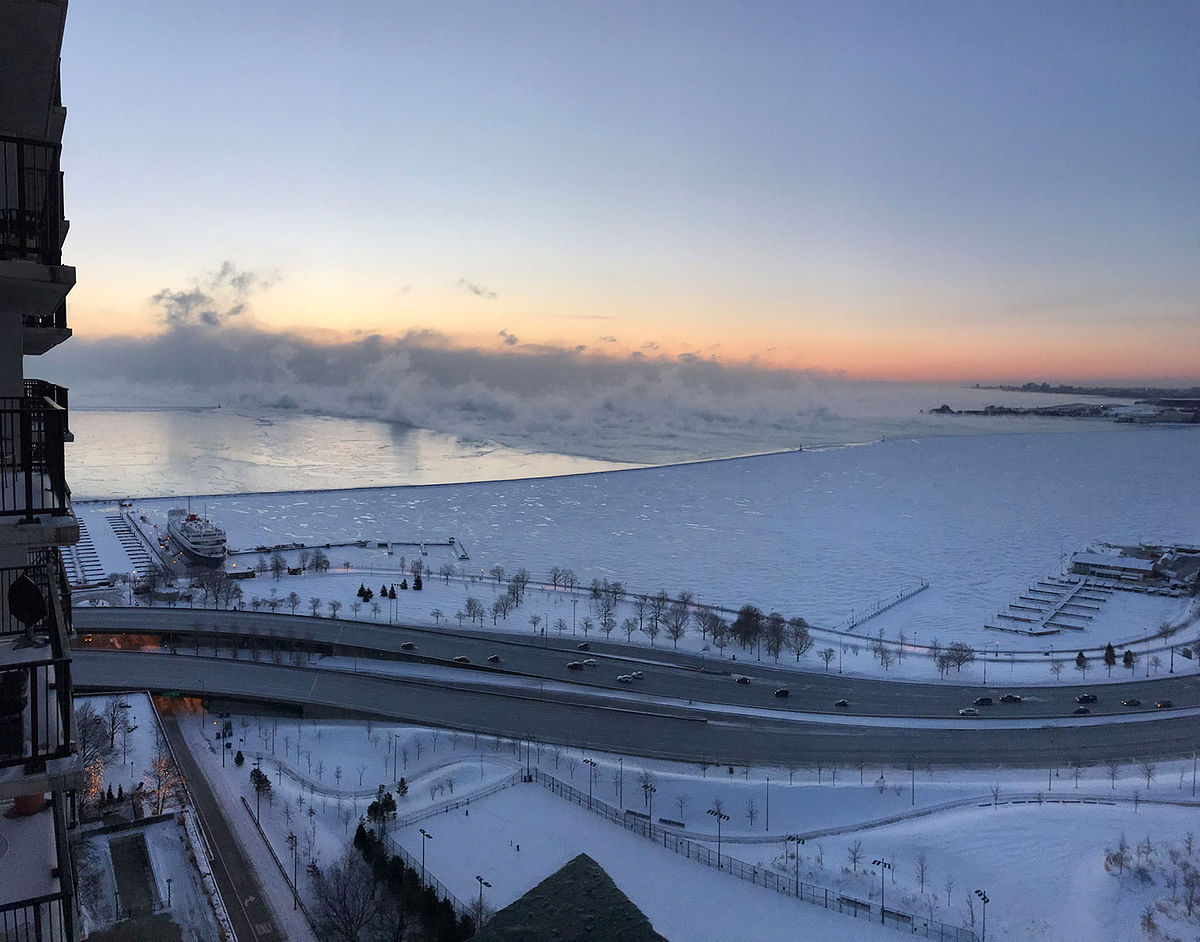 Steam is seen above Lake Michigan during subzero temperatures carried by the polar vortex in Chicago, Illinois, US, on 30 January 2019, in this picture obtained from social media. Photo: Reuters
