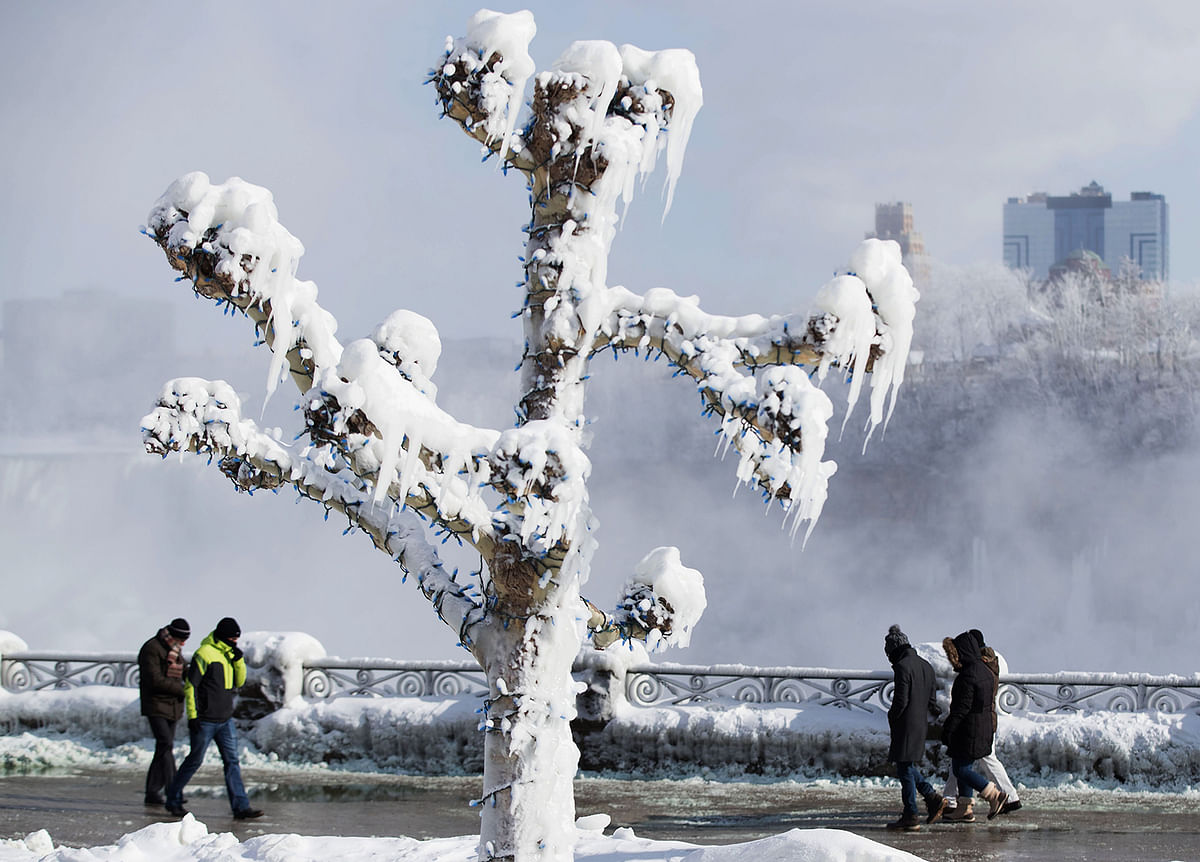People walk by trees covered in ice from the mist of the falls in Niagara Falls, Ontario, Canada on 31 January 2019.