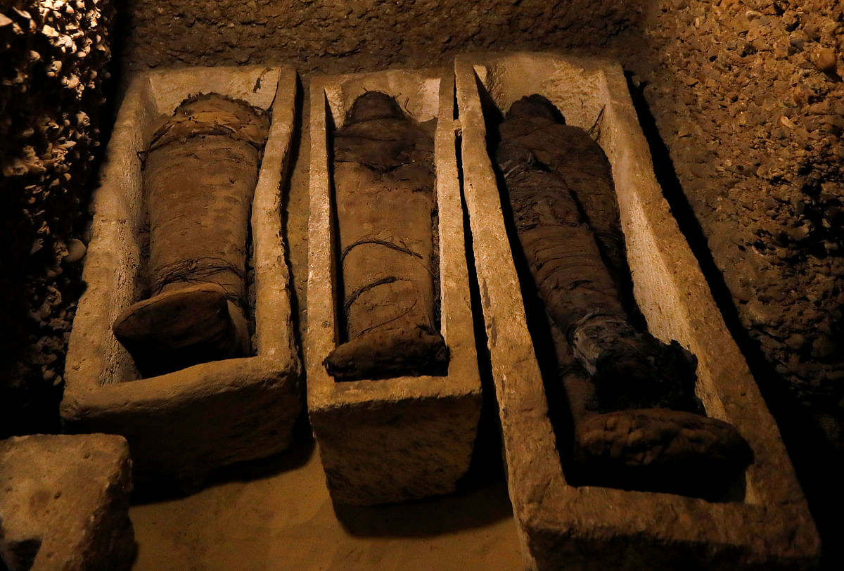 Mummies are seen inside a tomb during the presentation of a new discovery at Tuna el-Gebel archaeological site in Minya Governorate, Egypt, 2 February 2019. Photo: Reuters