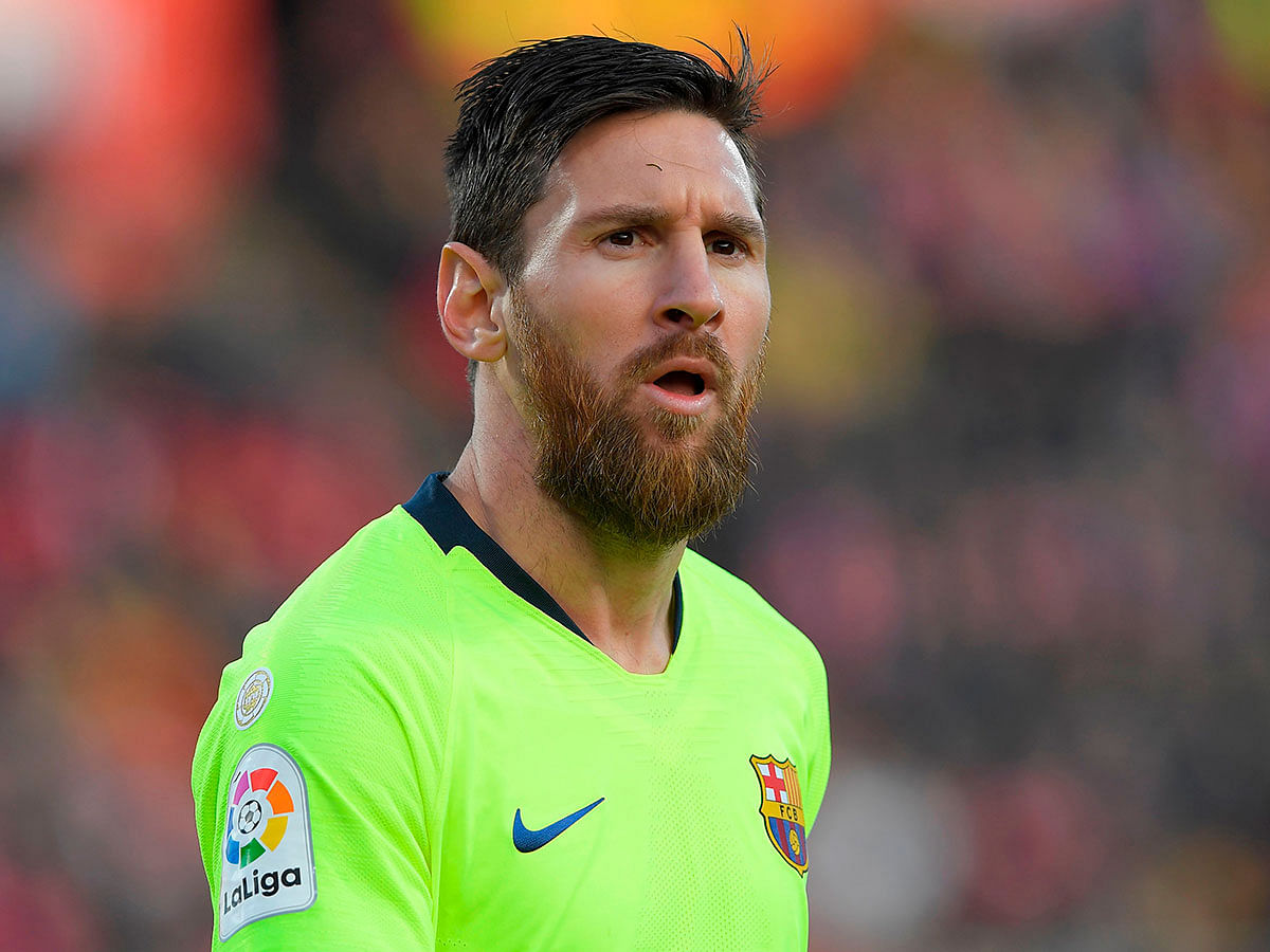 Barcelona`s Argentinian forward Lionel Messi reacts during the Spanish league football match between Girona FC and FC Barcelona at the Montilivi stadium in Girona on 27 January 2019. Photo: AFP