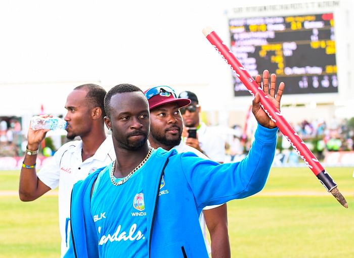 Kemar Roach of West Indies celebrates winning on day 3 of the 2nd Test between West Indies and England at Vivian Richards Cricket Stadium in North Sound, Antigua and Barbuda, on 2 February 2019. Photo: AFP