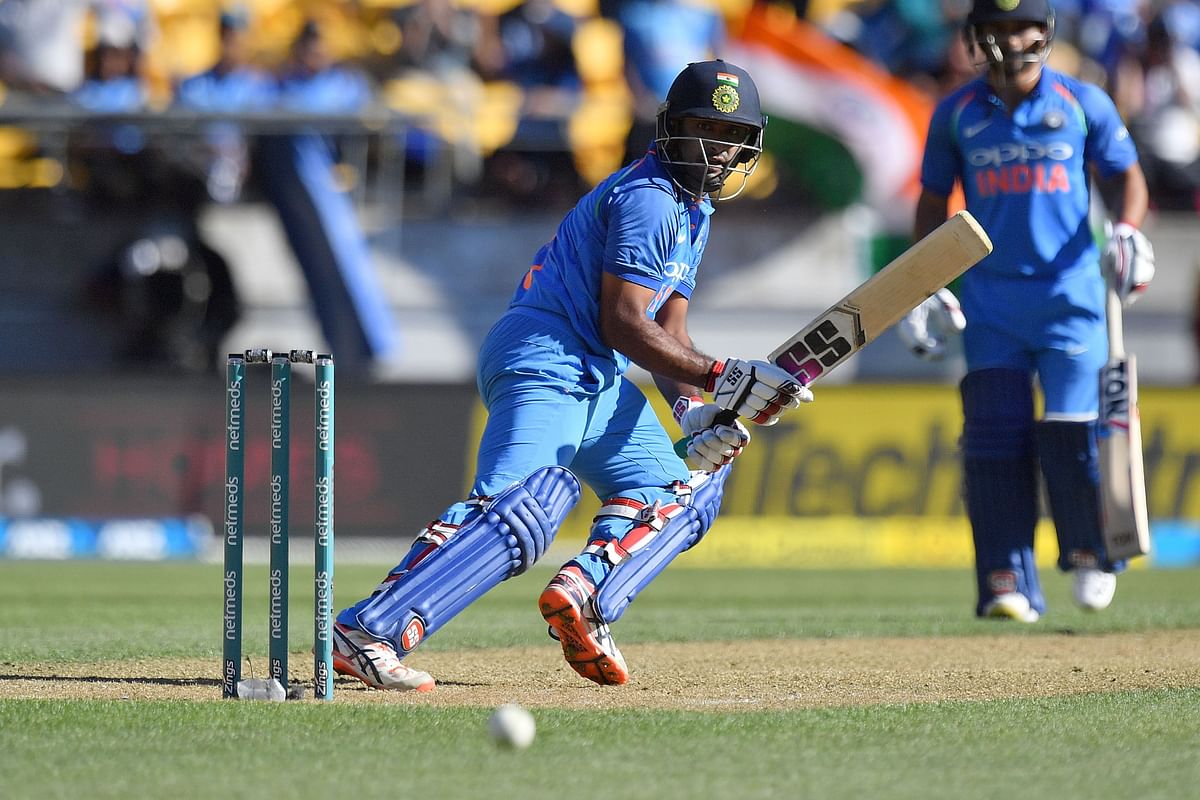 India`s Ambati Rayudu (L) plays a shot during the fifth one-day international (ODI) cricket match between New Zealand and India in Wellington on 3 February 2019. Photo: AFP
