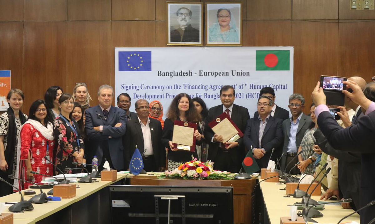 Bangladesh and the European Union sign a financing agreement to implement the Human Capital Development Programme 2021 (HCDP-21) at Economic Relations Division of the finance ministry in Dhaka on Tuesday. Photo: Collected