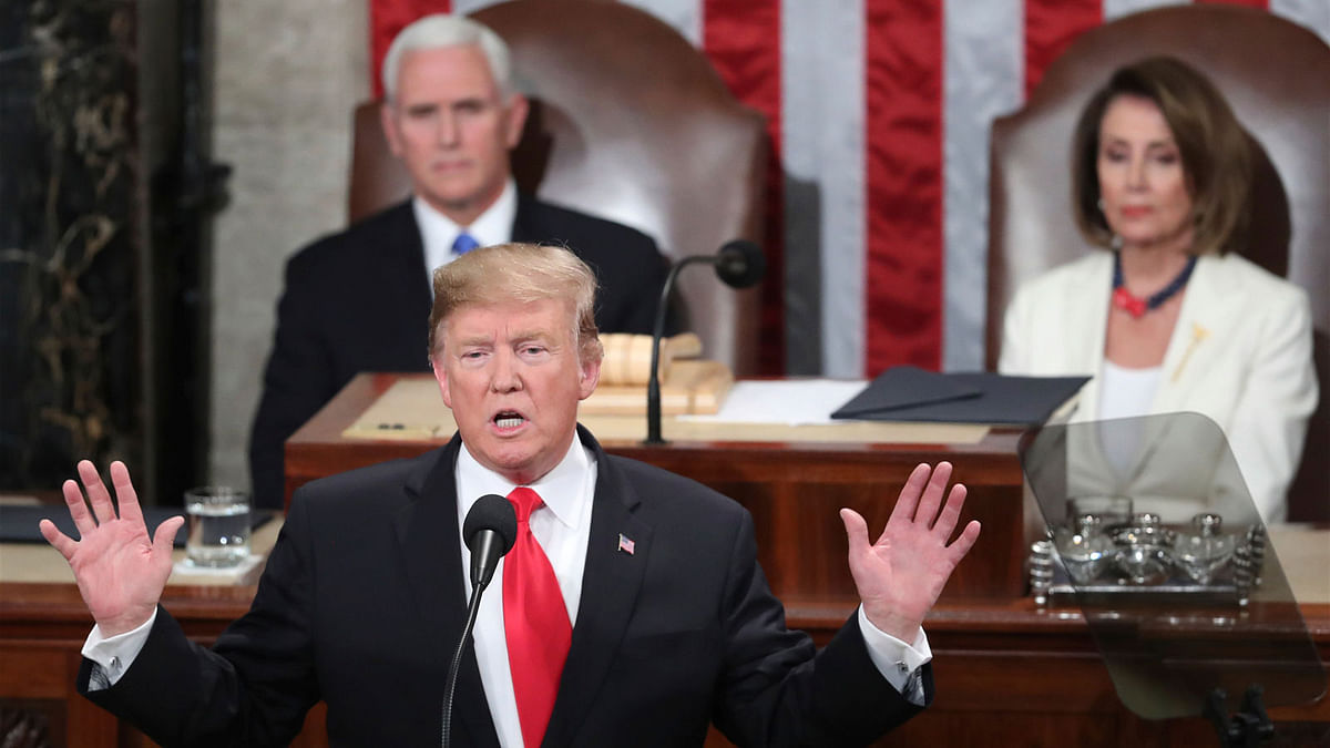 President Donald Trump delivers his State of the Union address to a joint session of Congress on Capitol Hill in Washington, as Vice President Mike Pence and Speaker of the House Nancy Pelosi, D-Calif. Photo: AP