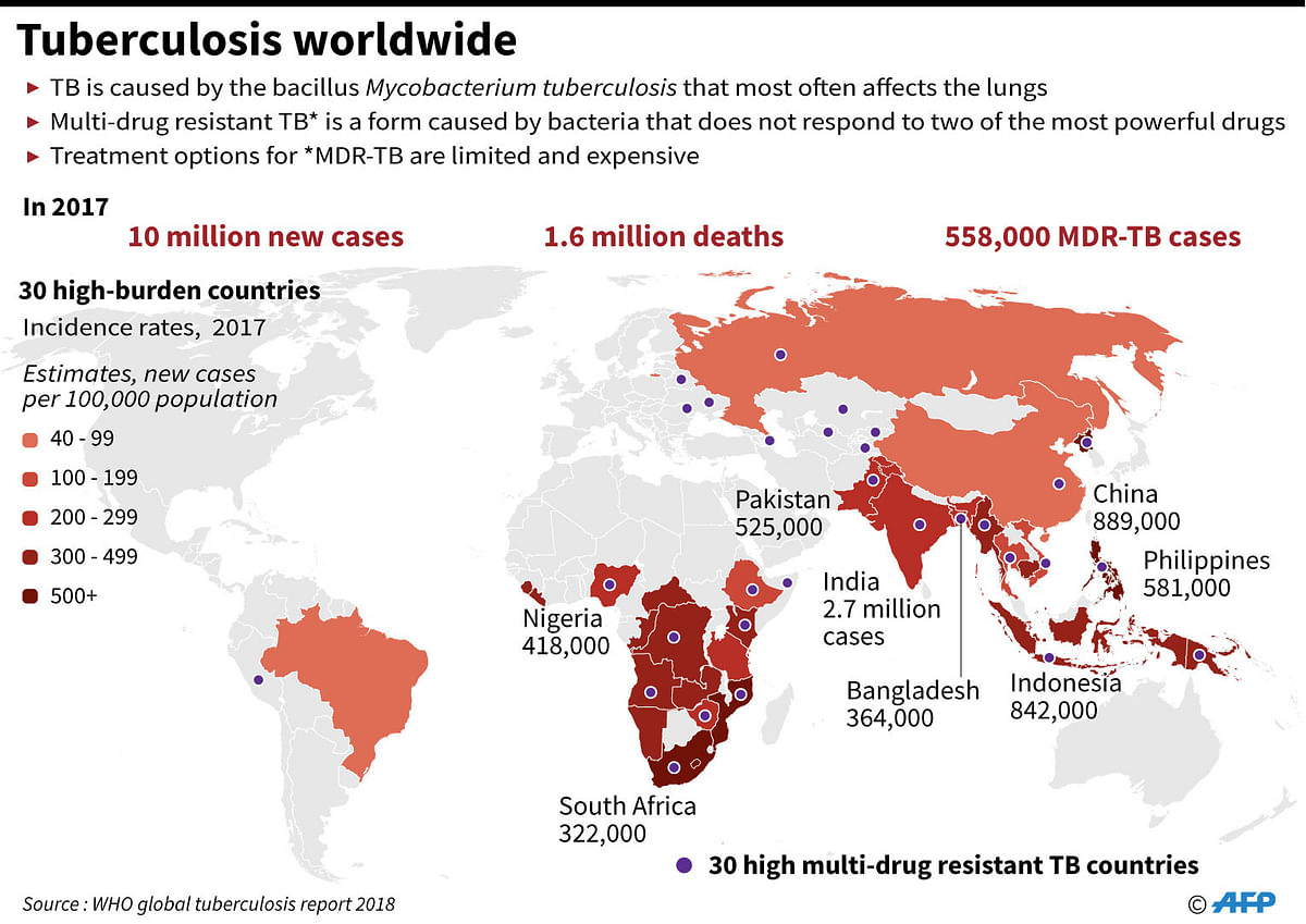 Graphic on the global burden of TB, including 558,000 multi-drug resitant cases in 2017. Photo: AFP