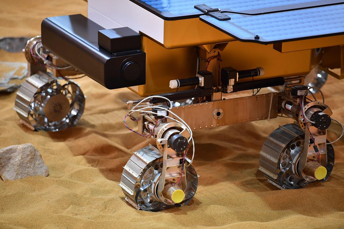 A picture shows a working prototype of the newly named Rosalind Franklin ExoMars rover at the Airbus Defence and Space facility in Stevenage, north of London on 7 February, 2019. Photo: AFP