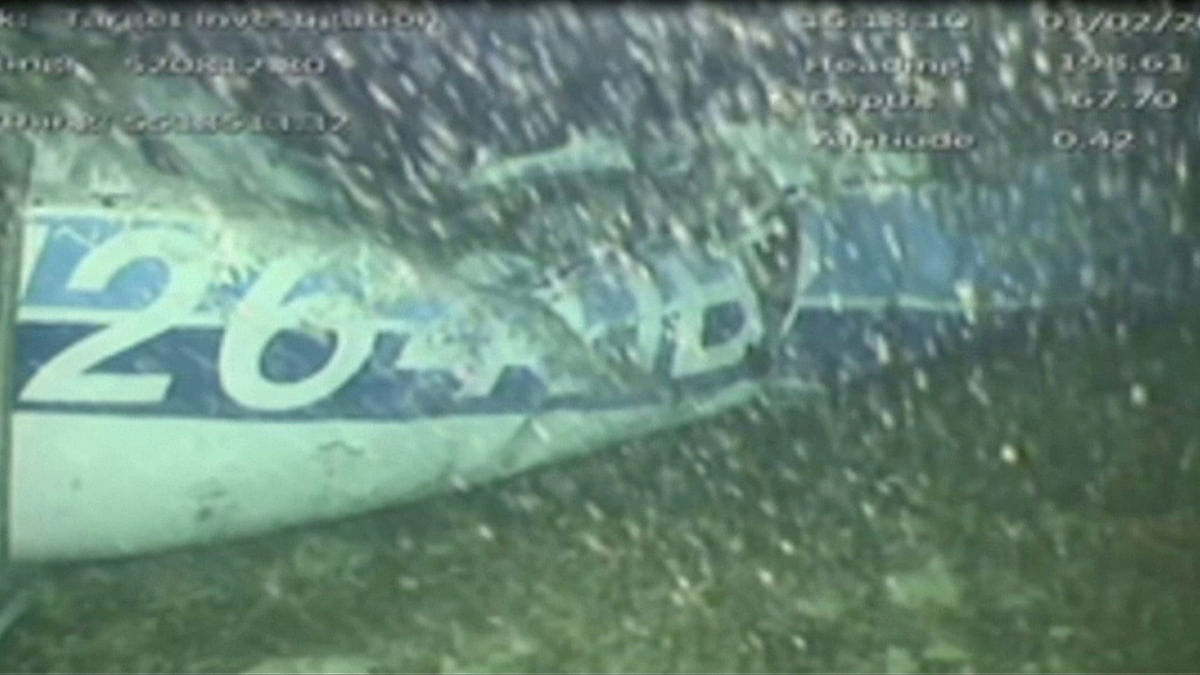 The wreckage of the missing aircraft carrying soccer player Emiliano Sala is seen on the seabed near Guernsey, in this still image taken from video taken 3 February 2019. Photo: Reuters