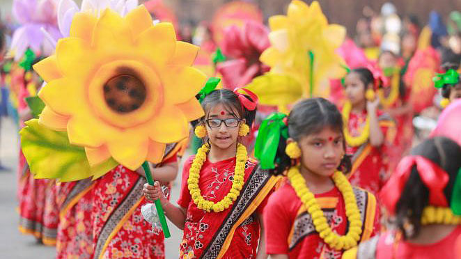 Children take part in a procession as Bishwa Sahitya Kendra, a key organisation to promote reading habit in Bangladesh, celebrates its 40th founding anniversary on 8 February. Photo: Shuvra Kanti Das