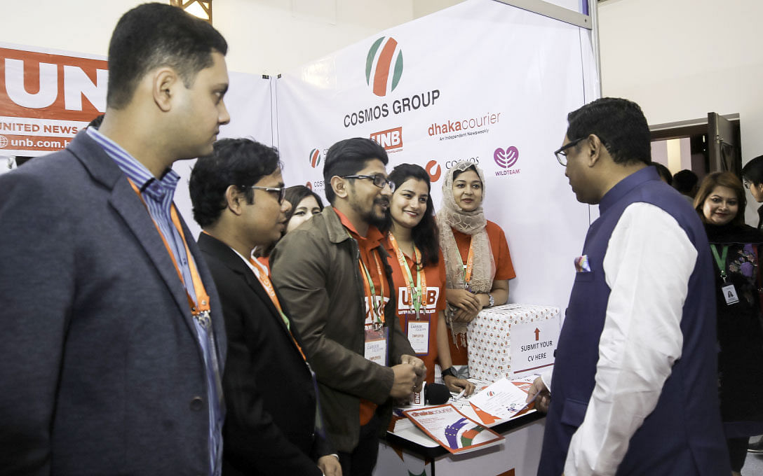 State minister for power, energy and mineral resource Nasrul Hamid © visits a stall at the third BYLC Career Fair in Dhaka on Thursday. Photo: Abu Sufian Jewel