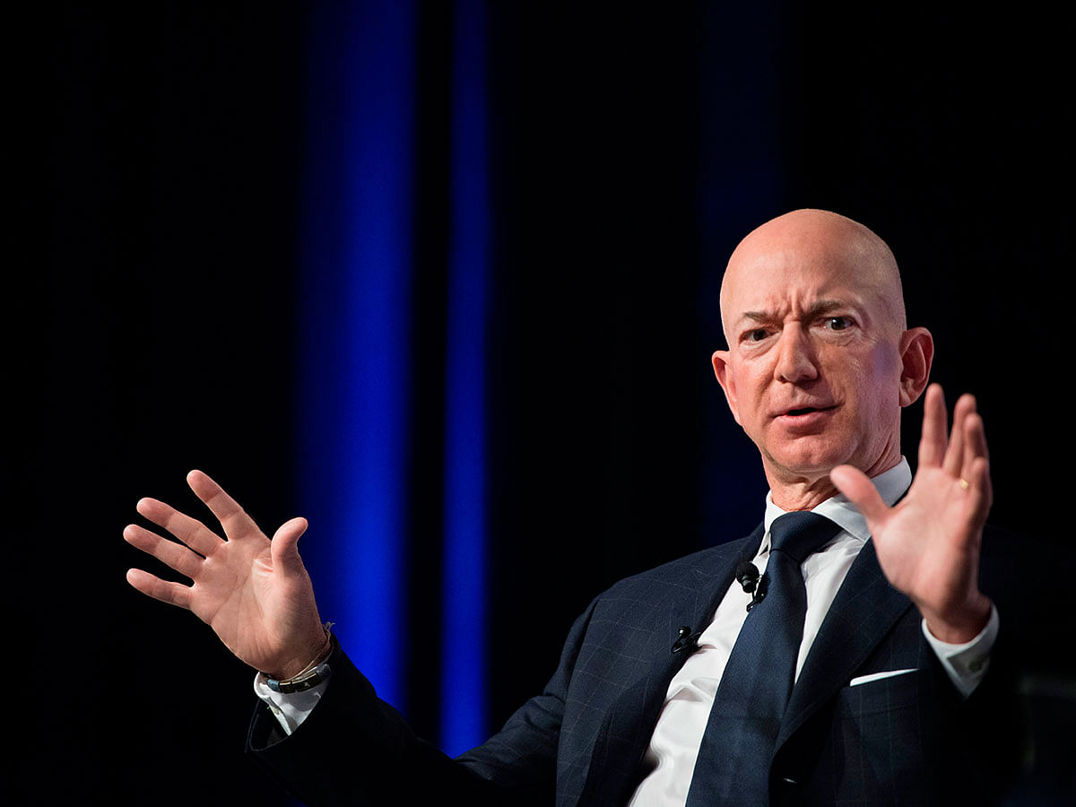 In this file photo taken on 19 September, 2018 Amazon and Blue Origin founder Jeff Bezos provides the keynote address at the Air Force Association`s Annual Air, Space & Cyber Conference in Oxen Hill, MD. Photo: AFP