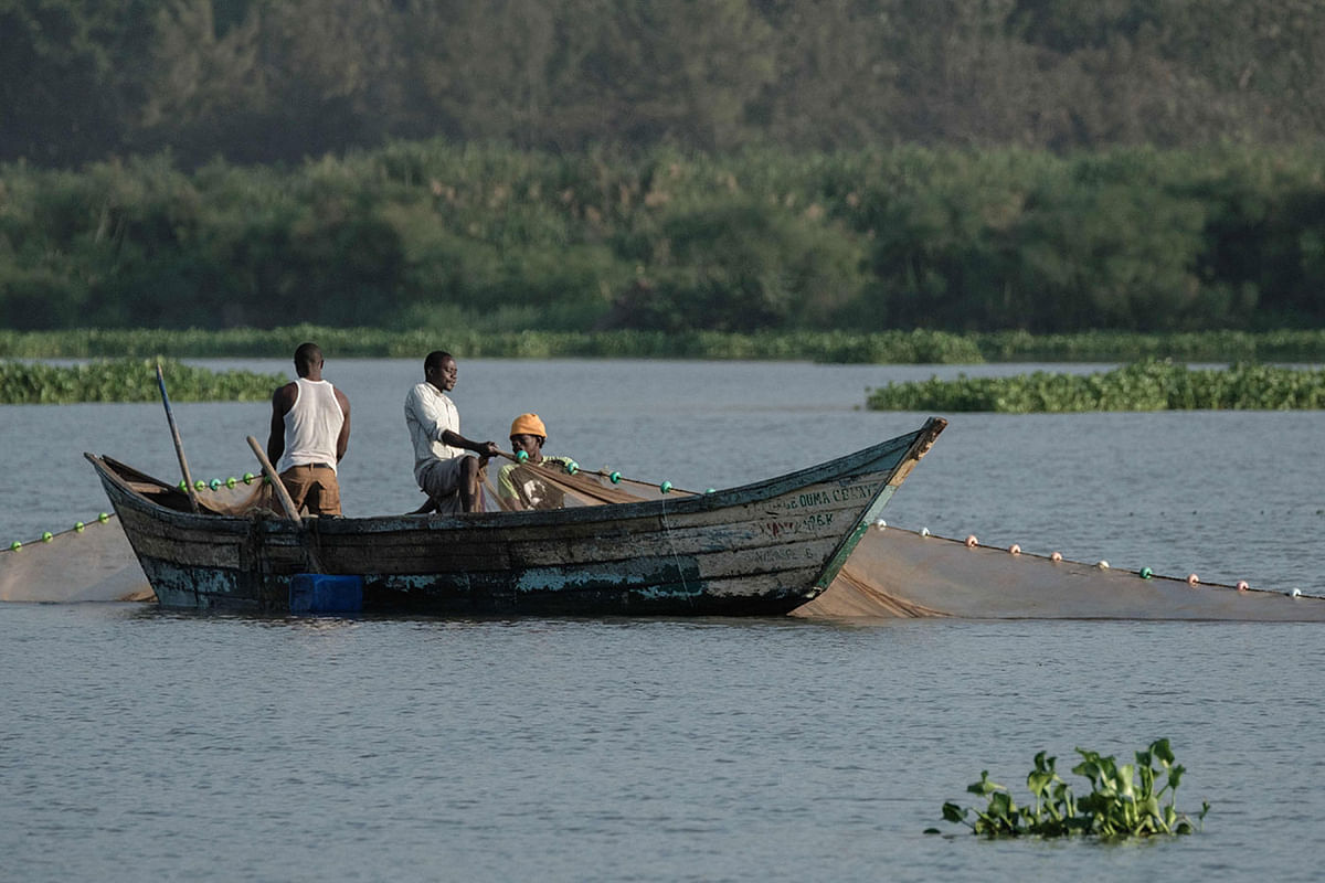 In this file photo taken on 2 October 2018 shows fishermen pulling a net after the winds cleared water hyacinth from the surface of Lake Victoria in Kisumu, western Kenya. Photo: AFP