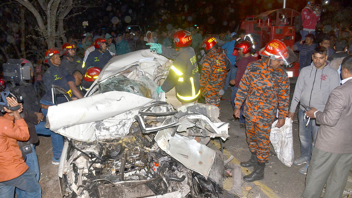 Completely damaged car after a road crash which killed five young men on Sunday. Photo: Focus Bangla