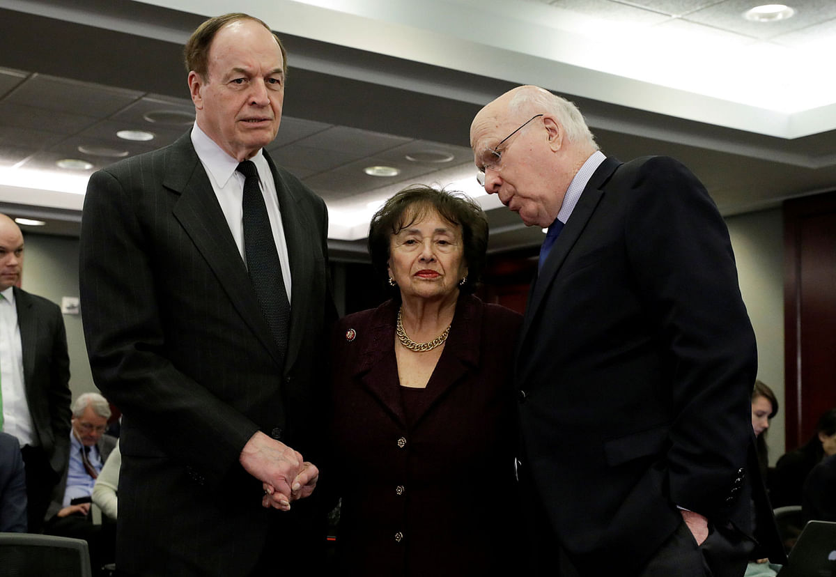 US senators Richard Shelby (R-AL) and Patrick Leahy (D-VT) talk with House Appropriations Committee Chair Rep. Nita Lowey (D-NY) as a bipartisan group of lawmakers meet to discuss border security as part of government funding legislation on Capitol Hill in Washington, US, 30 January 2019. Photo: Reuters