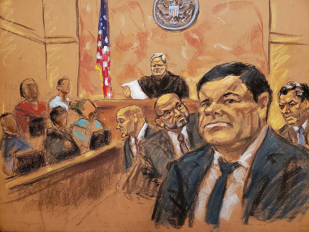 The accused Mexican drug lord Joaquin `El Chapo` Guzman is seen in this courtroom sketch on the day he was found guilty of smuggling tons of drugs to the United States over a violent, colorful decades-long career, in Brooklyn federal court in New York, US, 12 February 2019. Photo: Reuters