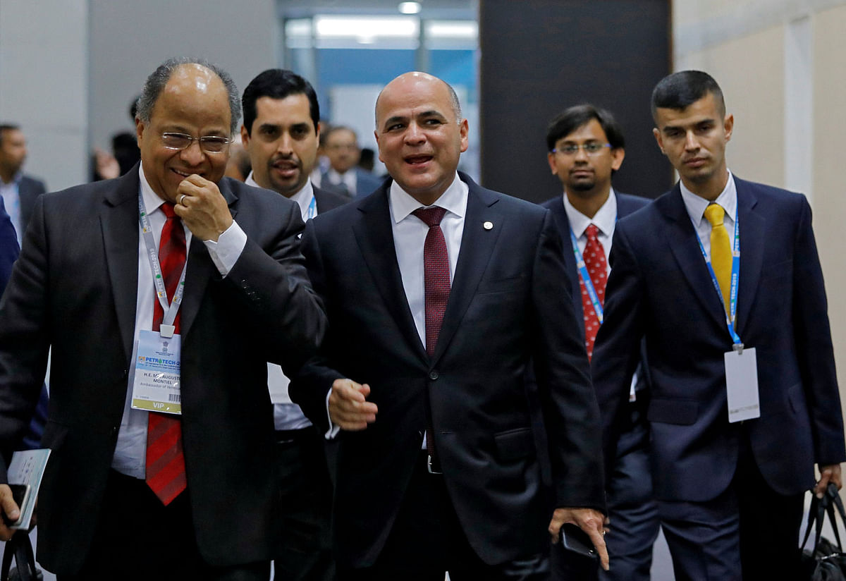 Venezuela`s Oil minister and president of Venezuelan state-run oil company PDVSA Manuel Quevedo (C) arrives to attend the Petrotech conference in Greater Noida, India on 11 February. Photo: Reuters