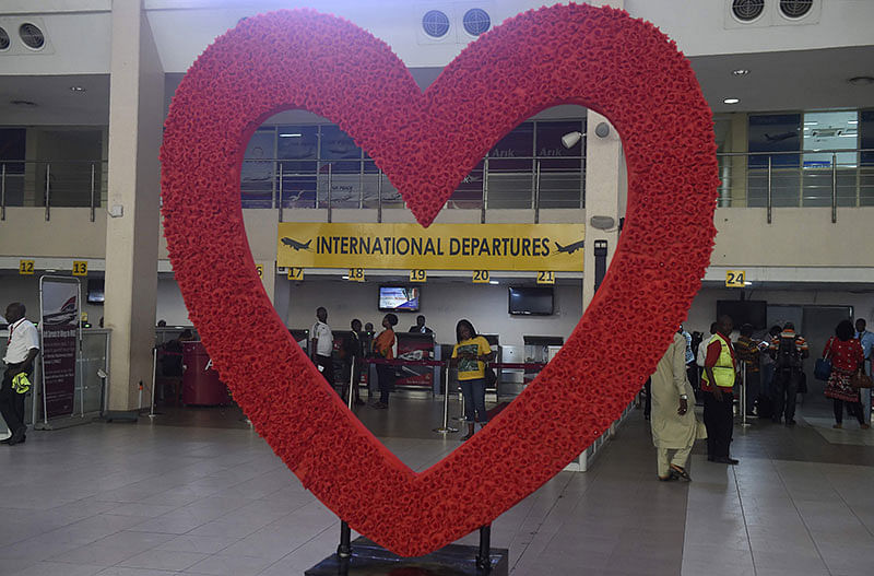 A heart-shaped decoration in the lobby of the Muritala Mohammed 2 Airport in Lagos on the eve of Valentine’s Day. Photo: AFP