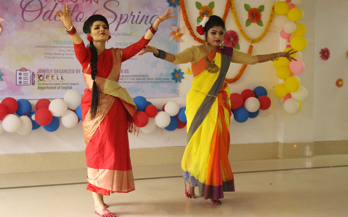 Two performers welcome Spring through dance at the cultural programme, Ode to Spring, organised by CELL and the English department at the central auditorium of the university at Khagan, Birulia, Savar, Dhaka on 13 February. Photo: Collected