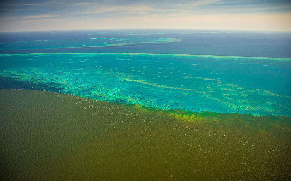 A handout photo taken by Matt Curnock on 13 February 2019 off Townsville and released on 15 February shows sediment (bottom) approaching Central Great Barrier Reef from recent unprecedented rain and flooding around Cape Cleveland, off Townsville. Photo: AFP