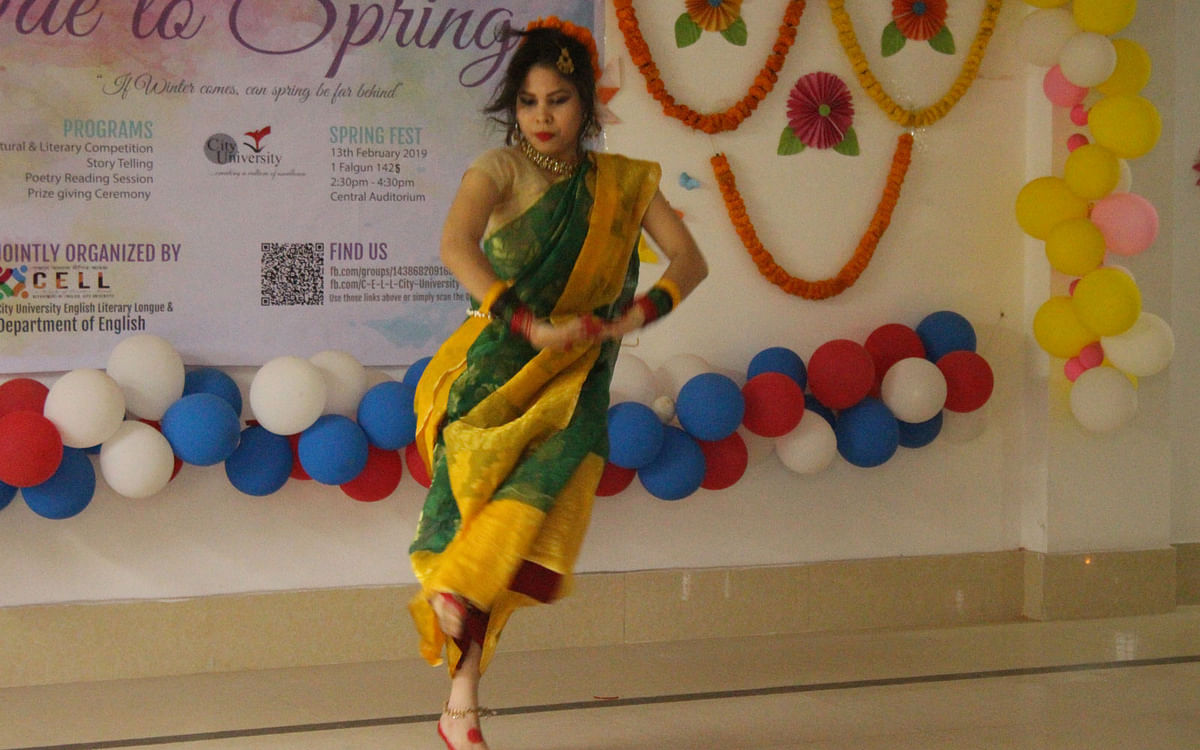 A student dances at the cultural programme, Ode to Spring, organised by CELL and the English department at the central auditorium of the university at Khagan, Savar, Dhaka on 13 February. Photo: Collected